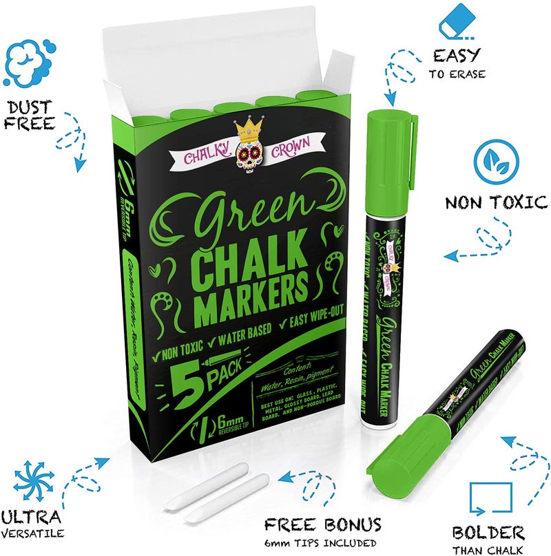 CHALKY CROWN قلم ماركر سائل تشالك كراون - قلم مسح جاف - أقلام تشالك لعلامات السبورة، النوافذ، السبورة السوداء، الزجاج - طرف قابل للعكس 6 مم (أخضر، 5 عبوات) - Image 2